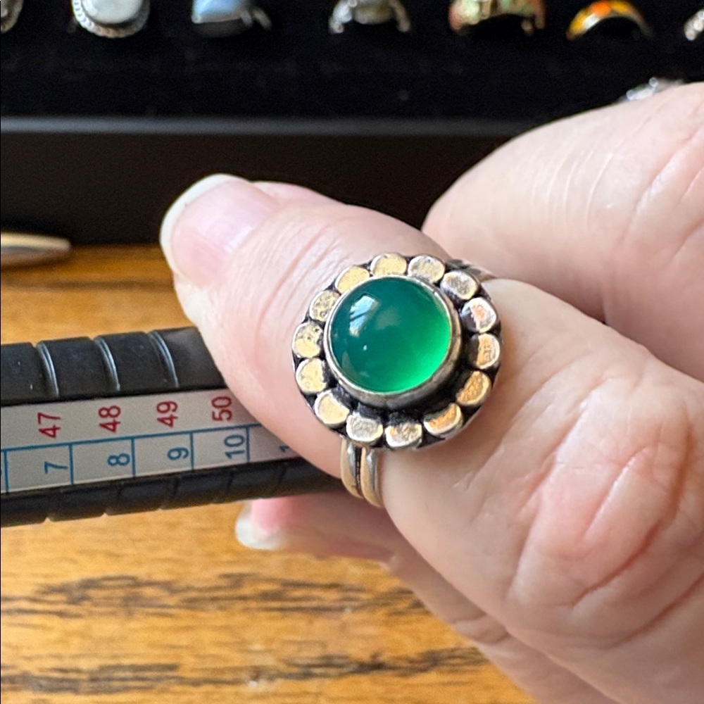 Green Aventurine silver plated floral design ring